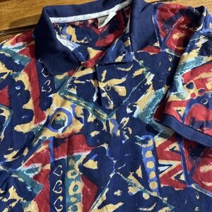 Vtg 90s New River Polo Shirt Men's Medium Geometric Abstract AOP Dad Golf *FLAW